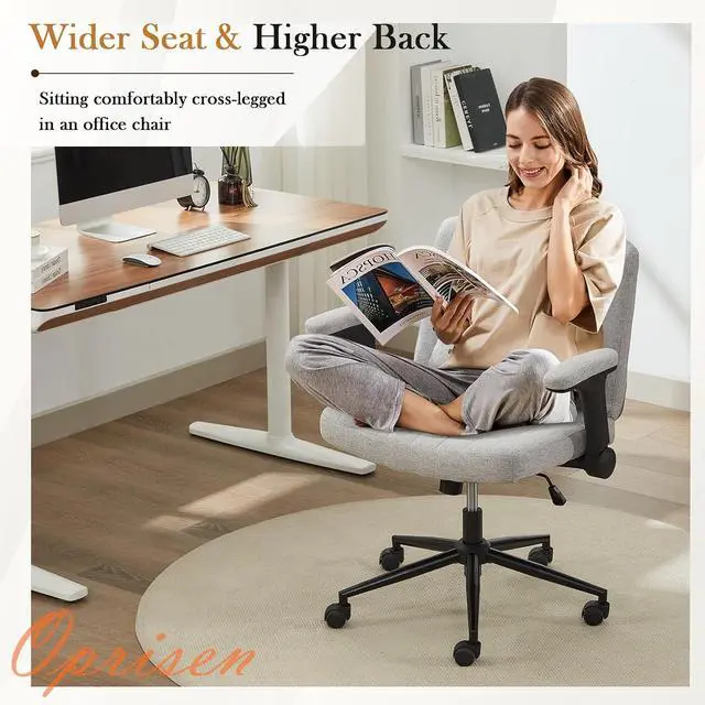 Alt view image 5 of 7 - Criss Cross Office Chair with Wheels and Adjustable Flip Arms, Extra Wide Cross Legged Desk Chair with Lumbar Pillow for Home Office, Bedroom, Apartment (Linen Gray)