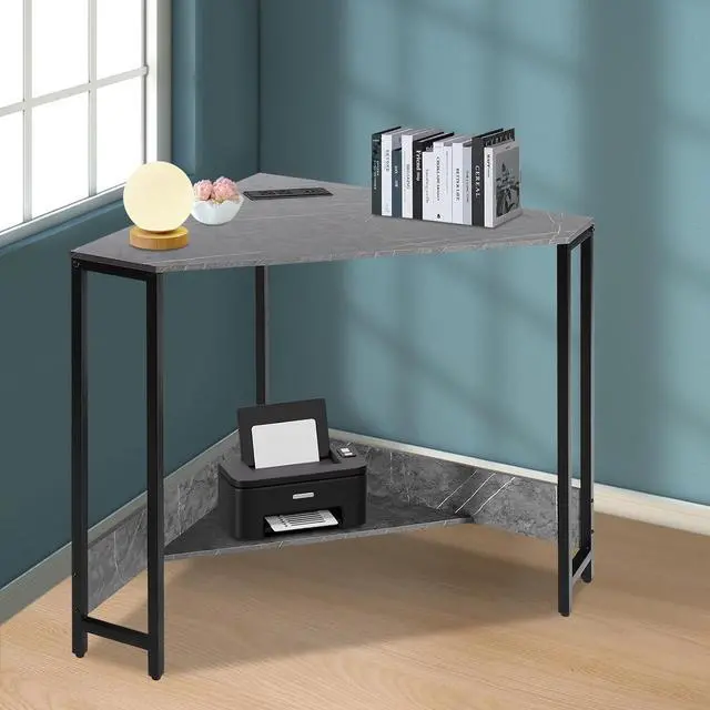 Alt view image 2 of 7 - Corner Computer Desk, Triangle Computer Desk Small Space Industrial Computers Desks with USB Ports & Power Outlet for Home Office, Workstation, Living Room, Bedroom (Gray)