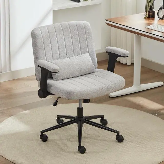 Alt view image 7 of 7 - Criss Cross Office Chair with Wheels and Adjustable Flip Arms, Extra Wide Cross Legged Desk Chair with Lumbar Pillow for Home Office, Bedroom, Apartment (Linen Gray)