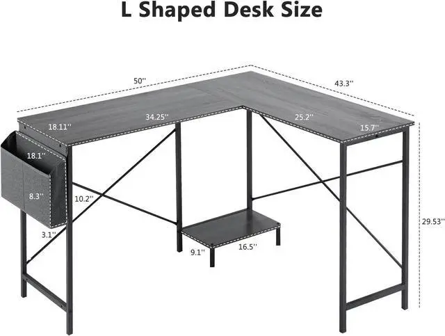 Alt view image 3 of 6 - L Shaped Gaming Desk 49" Black Home Office,Bedroom Computer Table for Study Standing Executive Desk with CPU Storage Shelf & Side Bag Grey
