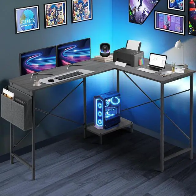Alt view image 2 of 6 - L Shaped Gaming Desk 49" Black Home Office,Bedroom Computer Table for Study Standing Executive Desk with CPU Storage Shelf & Side Bag Grey