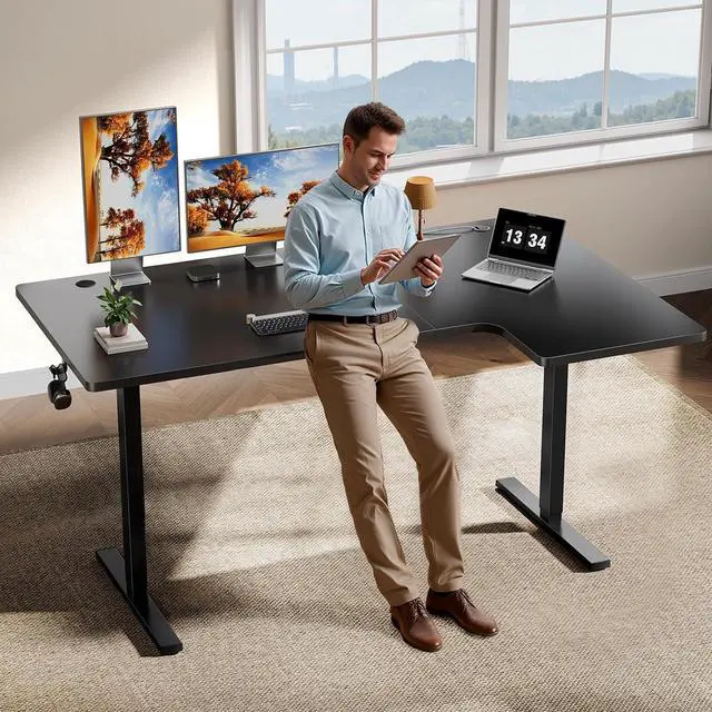 Main image of L-Shaped Standing Desk - 55 Inch Adjustable Corner Desk, Electric Sit-Stand Computer Table with Memory Controller for Home Office