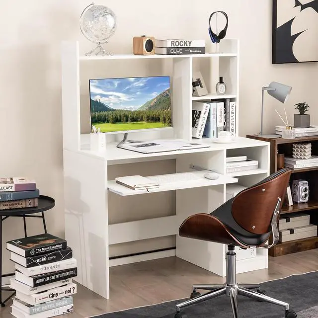 Alt view image 2 of 7 - White Modern Large Computer Desk with Storage Shelf, Office Desk with Hutch, CPU Stand & Keyboard Tray, Home PC Desk with Bookshelf, for Bedroom, Study, Living Room