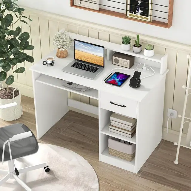 Alt view image 2 of 7 - White Computer Desk with Charging Station, Type C Port, Modern Writing Desk with Drawer, Removable & Adjustable Shelf, Keyboard Tray, Home Office Laptop Desk with Hutch, for Bedroom, Study