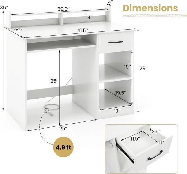 Alt view image 3 of 7 - White Computer Desk with Charging Station, Type C Port, Modern Writing Desk with Drawer, Removable & Adjustable Shelf, Keyboard Tray, Home Office Laptop Desk with Hutch, for Bedroom, Study
