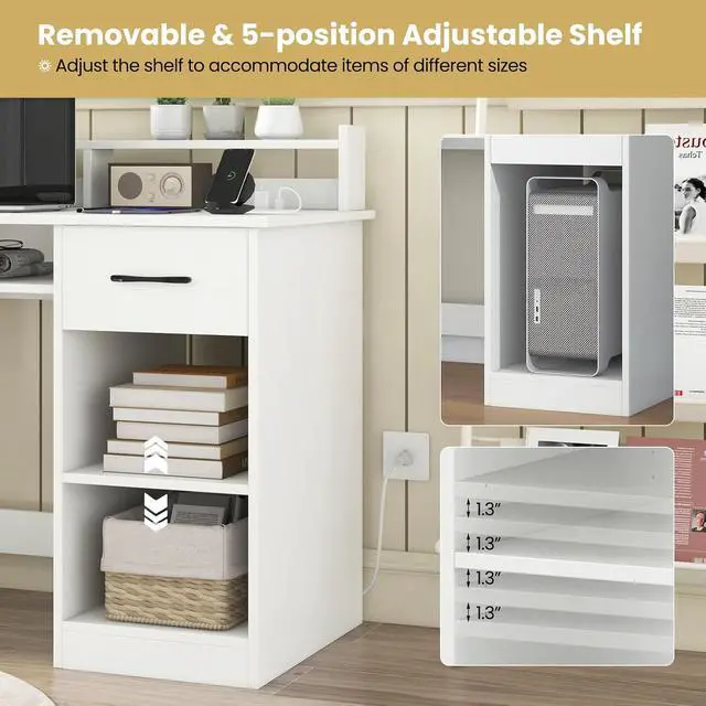 Alt view image 5 of 7 - White Computer Desk with Charging Station, Type C Port, Modern Writing Desk with Drawer, Removable & Adjustable Shelf, Keyboard Tray, Home Office Laptop Desk with Hutch, for Bedroom, Study