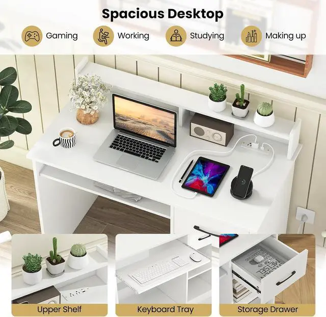 Alt view image 6 of 7 - White Computer Desk with Charging Station, Type C Port, Modern Writing Desk with Drawer, Removable & Adjustable Shelf, Keyboard Tray, Home Office Laptop Desk with Hutch, for Bedroom, Study