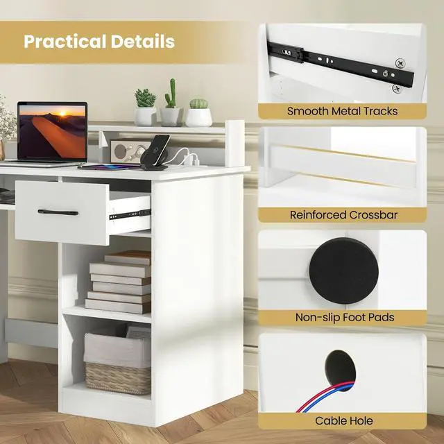 Alt view image 7 of 7 - White Computer Desk with Charging Station, Type C Port, Modern Writing Desk with Drawer, Removable & Adjustable Shelf, Keyboard Tray, Home Office Laptop Desk with Hutch, for Bedroom, Study