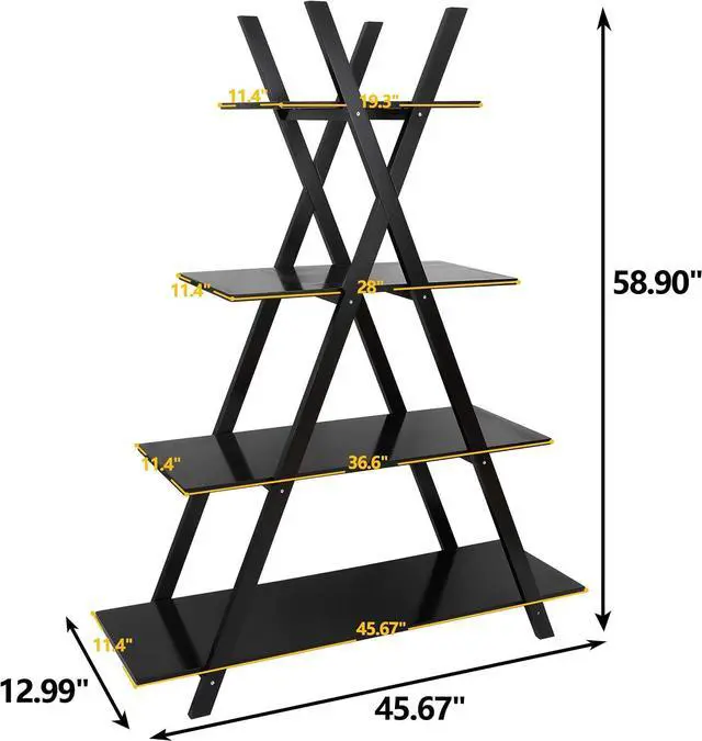 Alt view image 2 of 7 - A Frame Bookshelf Storage Shelves, 4 Tier Ladder Bookcase Free Standing, Plant Book Display Furniture for Home Office, Black