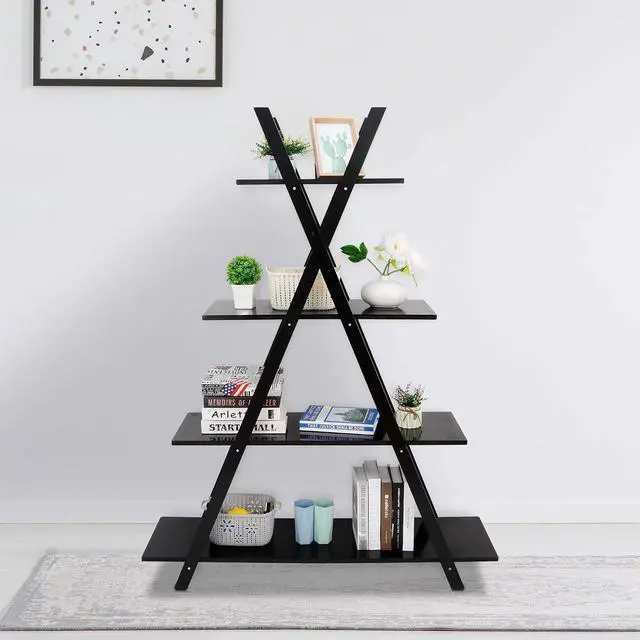 Alt view image 5 of 7 - A Frame Bookshelf Storage Shelves, 4 Tier Ladder Bookcase Free Standing, Plant Book Display Furniture for Home Office, Black