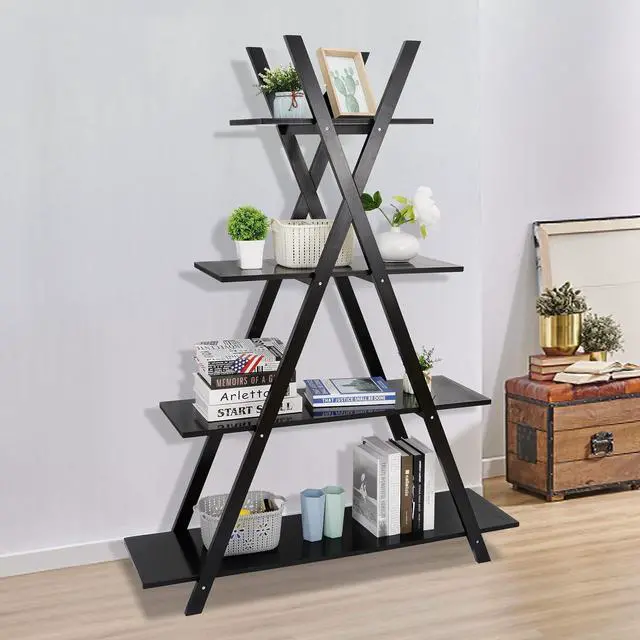 Alt view image 4 of 7 - A Frame Bookshelf Storage Shelves, 4 Tier Ladder Bookcase Free Standing, Plant Book Display Furniture for Home Office, Black
