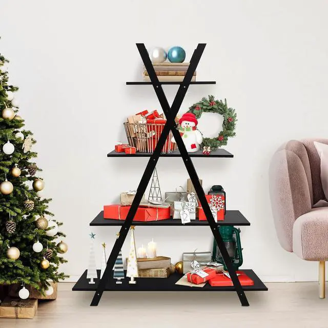 Main image of A Frame Bookshelf Storage Shelves, 4 Tier Ladder Bookcase Free Standing, Plant Book Display Furniture for Home Office, Black