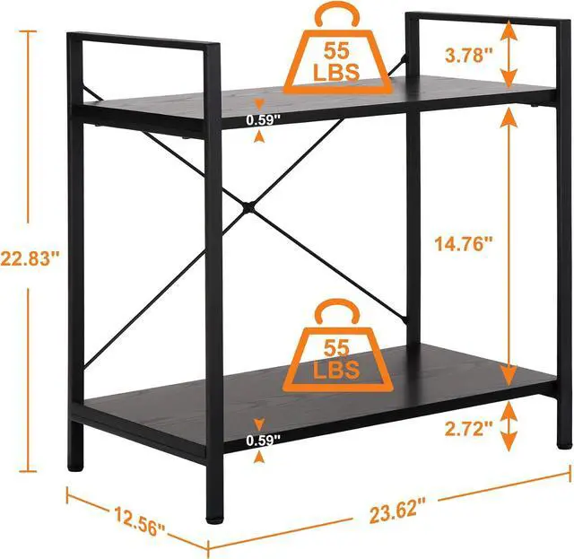 Alt view image 2 of 7 - 2 Tier Small Bookshelf for Small Space,Industrial Shelving Unit for Bedroom, Living Room and Home Office, Black