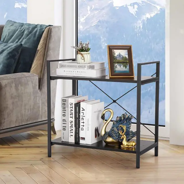 Alt view image 6 of 7 - 2 Tier Small Bookshelf for Small Space,Industrial Shelving Unit for Bedroom, Living Room and Home Office, Black
