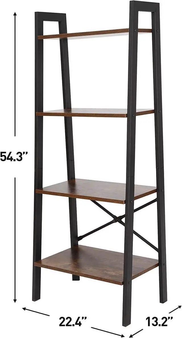 Alt view image 3 of 7 - Industrial Ladder Shelf 4-Tier Bookcase Plant Book Display Furniture Storage Rack Shelf for Living Room Home Office Bedroom (Rustic Brown)