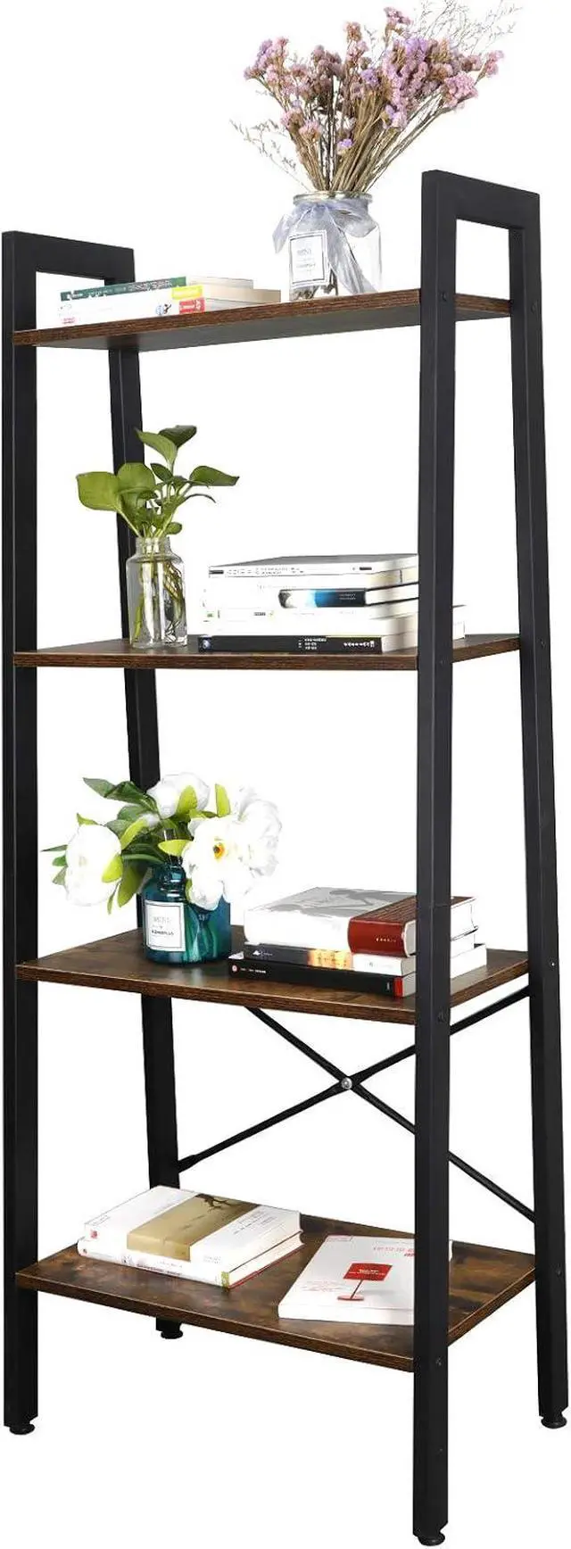 Alt view image 5 of 7 - Industrial Ladder Shelf 4-Tier Bookcase Plant Book Display Furniture Storage Rack Shelf for Living Room Home Office Bedroom (Rustic Brown)