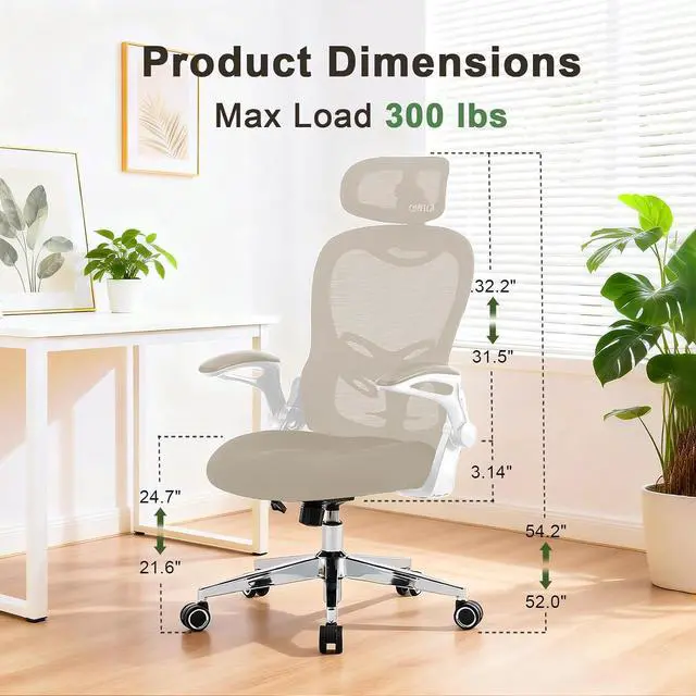 Alt view image 2 of 7 - Office Chair,Home Desk Office Chair for Comfortable Home Office and Study, High Back Mesh Computer Chair with Adjustable Lumbar Support, Headrest and Armrests (Beige, 4007)