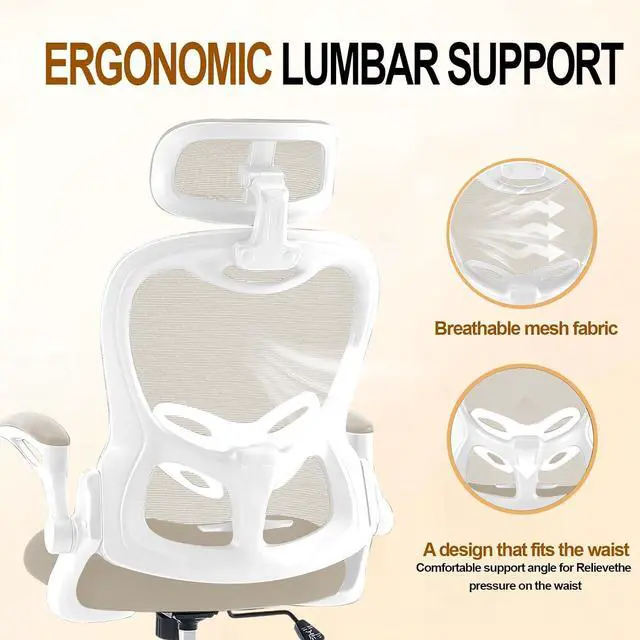Alt view image 3 of 7 - Office Chair,Home Desk Office Chair for Comfortable Home Office and Study, High Back Mesh Computer Chair with Adjustable Lumbar Support, Headrest and Armrests (Beige, 4007)
