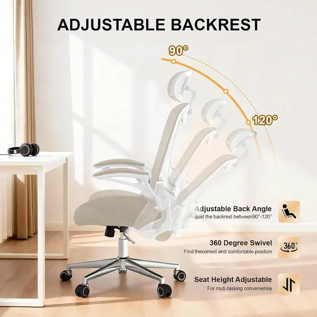 Alt view image 4 of 7 - Office Chair,Home Desk Office Chair for Comfortable Home Office and Study, High Back Mesh Computer Chair with Adjustable Lumbar Support, Headrest and Armrests (Beige, 4007)