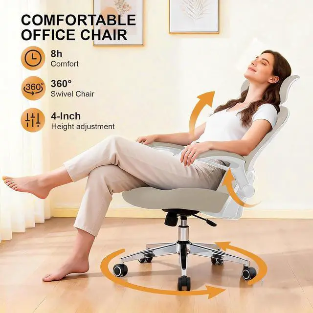 Alt view image 6 of 7 - Office Chair,Home Desk Office Chair for Comfortable Home Office and Study, High Back Mesh Computer Chair with Adjustable Lumbar Support, Headrest and Armrests (Beige, 4007)
