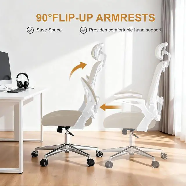 Alt view image 7 of 7 - Office Chair,Home Desk Office Chair for Comfortable Home Office and Study, High Back Mesh Computer Chair with Adjustable Lumbar Support, Headrest and Armrests (Beige, 4007)