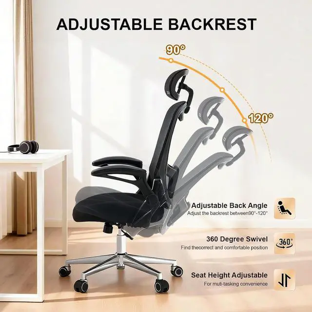 Alt view image 4 of 7 - Office Chair,Home Desk Office Chair for Comfortable Home Office and Study, High Back Mesh Computer Chair with Adjustable Lumbar Support, Headrest and Armrests (Black, 4007)