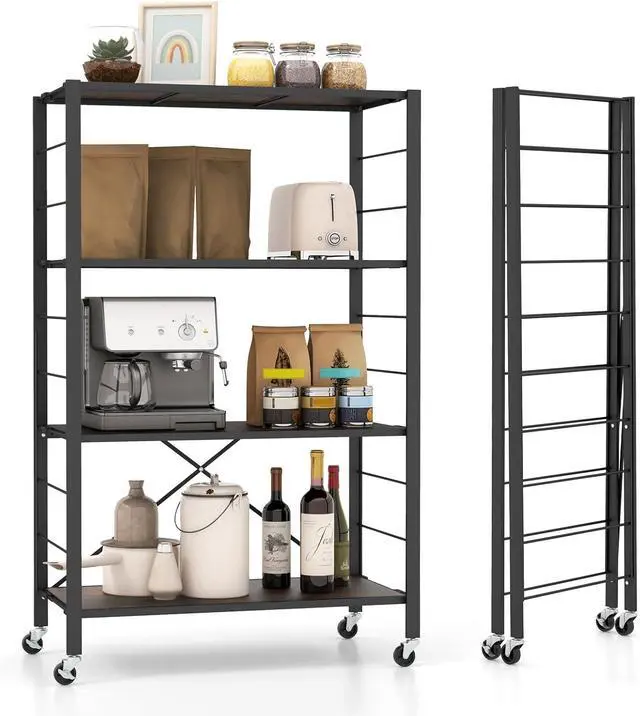 Main image of 4-Tier Folding Bookshelf, Freestanding DIY Shelving Unit with Wheels, Height-Adjustable Shelves, Metal Frame, Industrial Storage Shelf Organizer, Bookcase Display Rack