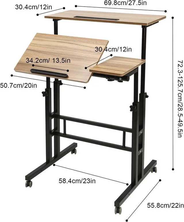 Alt view image 2 of 7 - Mobile Standing Desk,Height Adjustable Home Office Desk,Stand Up Desk with Tilting Tabletop and Wheels, Rolling Laptop Cart Sit Stand Desk