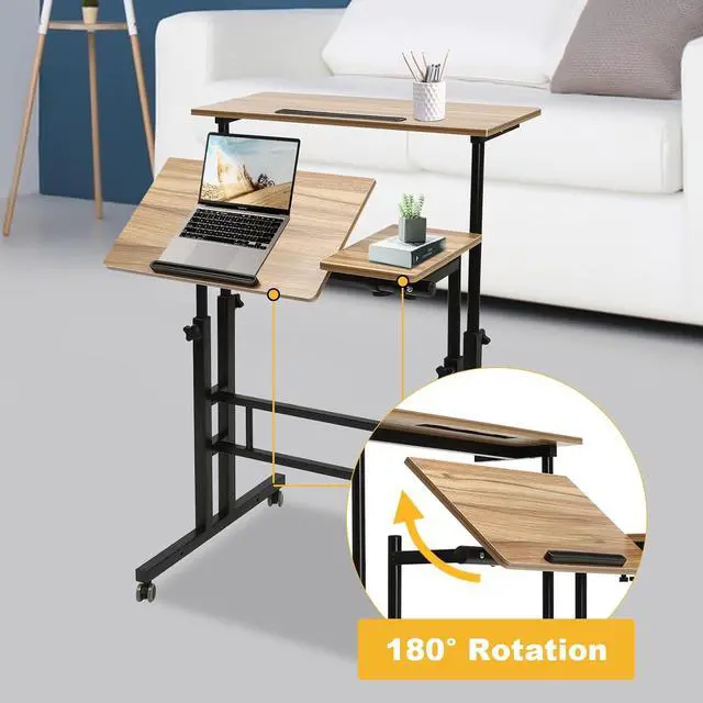 Alt view image 4 of 7 - Mobile Standing Desk,Height Adjustable Home Office Desk,Stand Up Desk with Tilting Tabletop and Wheels, Rolling Laptop Cart Sit Stand Desk