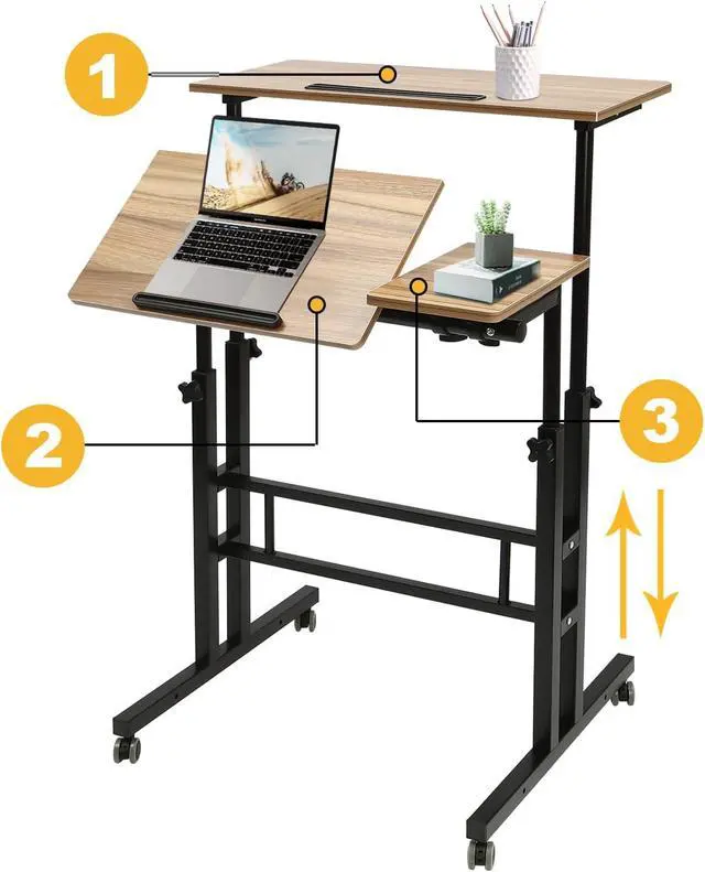Alt view image 6 of 7 - Mobile Standing Desk,Height Adjustable Home Office Desk,Stand Up Desk with Tilting Tabletop and Wheels, Rolling Laptop Cart Sit Stand Desk
