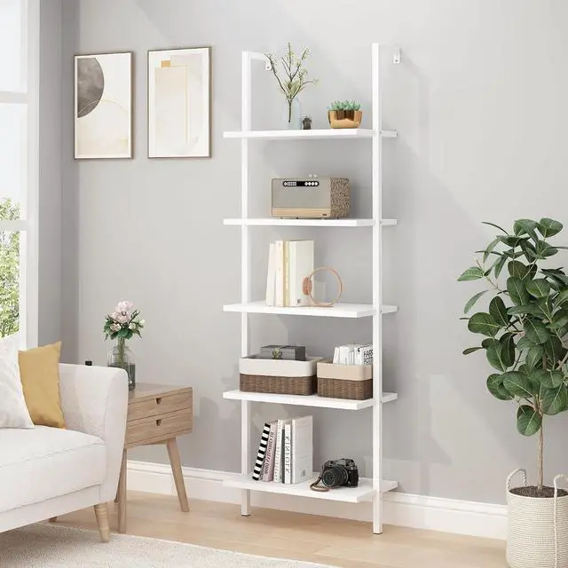 Main image of 5-Tier White Tall Narrow Bookshelf Ladder, 5 Wooden Ladder Bookshelf Boards, Book Shelf, Stand Shelf, Wall Shelf, 23.6" L X 11.8" W X 70.9" H