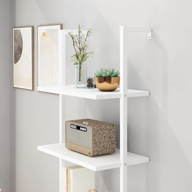 Alt view image 4 of 7 - 5-Tier White Tall Narrow Bookshelf Ladder, 5 Wooden Ladder Bookshelf Boards, Book Shelf, Stand Shelf, Wall Shelf, 23.6" L X 11.8" W X 70.9" H