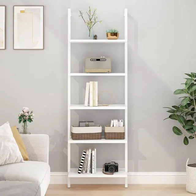 Alt view image 7 of 7 - 5-Tier White Tall Narrow Bookshelf Ladder, 5 Wooden Ladder Bookshelf Boards, Book Shelf, Stand Shelf, Wall Shelf, 23.6" L X 11.8" W X 70.9" H