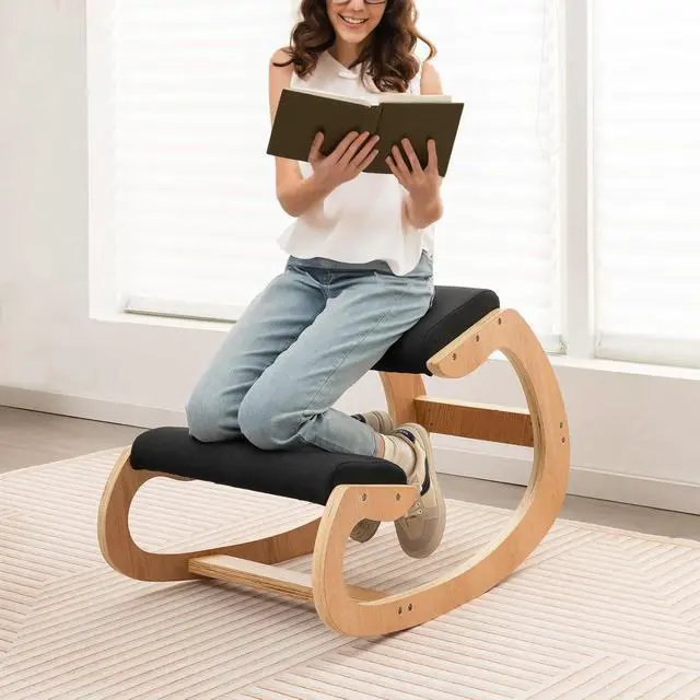 Alt view image 2 of 7 - Ergonomic Kneeling Chair, Wooden Rocking Knee Chair with Comfortable Padded Seat Cushion & Knee Support for Home Office, Upright Posture Support Chair for Back Pain Relief (Black)