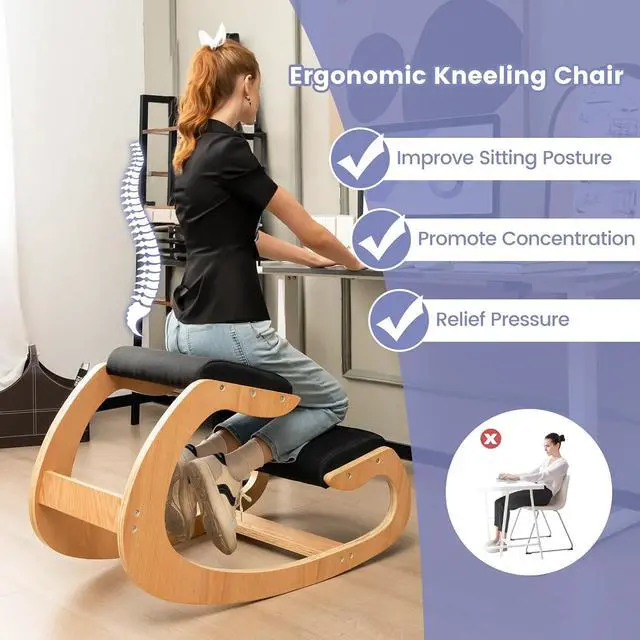 Alt view image 4 of 7 - Ergonomic Kneeling Chair, Wooden Rocking Knee Chair with Comfortable Padded Seat Cushion & Knee Support for Home Office, Upright Posture Support Chair for Back Pain Relief (Black)