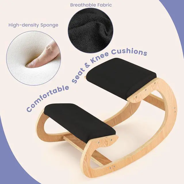 Alt view image 6 of 7 - Ergonomic Kneeling Chair, Wooden Rocking Knee Chair with Comfortable Padded Seat Cushion & Knee Support for Home Office, Upright Posture Support Chair for Back Pain Relief (Black)