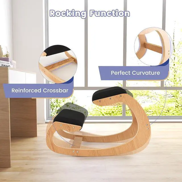 Alt view image 7 of 7 - Ergonomic Kneeling Chair, Wooden Rocking Knee Chair with Comfortable Padded Seat Cushion & Knee Support for Home Office, Upright Posture Support Chair for Back Pain Relief (Black)
