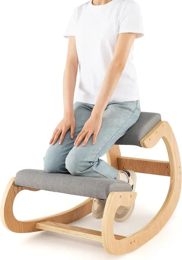 Main image of Ergonomic Kneeling Chair, Wooden Rocking Knee Chair with Comfortable Padded Seat Cushion & Knee Support for Home Office, Upright Posture Support Chair for Back Pain Relief (Gray)
