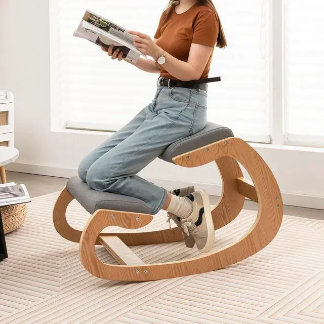 Alt view image 2 of 7 - Ergonomic Kneeling Chair, Wooden Rocking Knee Chair with Comfortable Padded Seat Cushion & Knee Support for Home Office, Upright Posture Support Chair for Back Pain Relief (Gray)