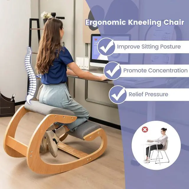 Alt view image 4 of 7 - Ergonomic Kneeling Chair, Wooden Rocking Knee Chair with Comfortable Padded Seat Cushion & Knee Support for Home Office, Upright Posture Support Chair for Back Pain Relief (Gray)