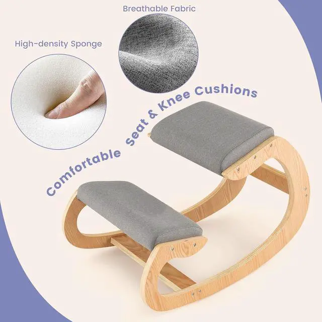 Alt view image 6 of 7 - Ergonomic Kneeling Chair, Wooden Rocking Knee Chair with Comfortable Padded Seat Cushion & Knee Support for Home Office, Upright Posture Support Chair for Back Pain Relief (Gray)