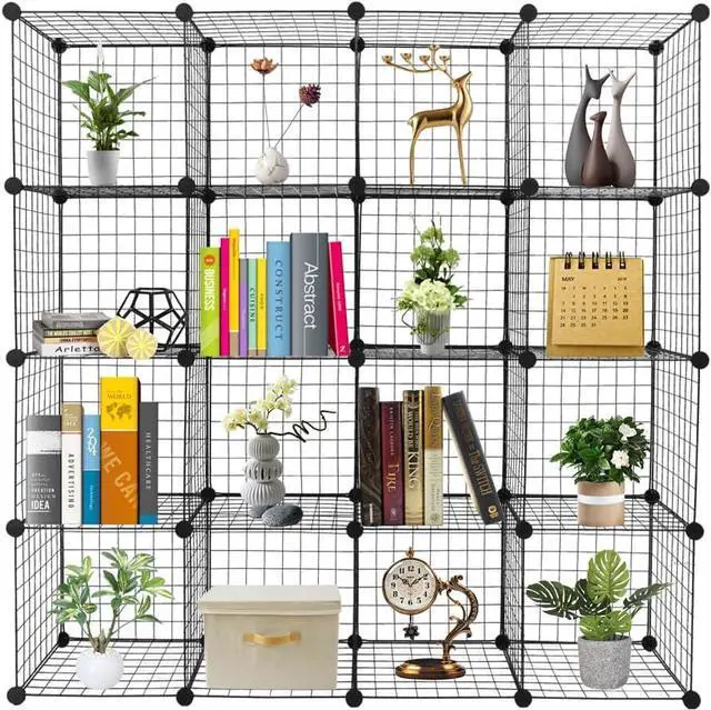 Main image of 16-Wire Cube Organizer, Wire Storage Shelves & Bookcase, DIY Multifunctional Shelving Unit Durable Metal Grids Versatile Cubbies for Home & Office 13.8" Cubes 22lb Capacity Black
