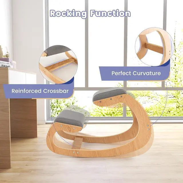 Alt view image 7 of 7 - Ergonomic Kneeling Chair, Wooden Rocking Knee Chair with Comfortable Padded Seat Cushion & Knee Support for Home Office, Upright Posture Support Chair for Back Pain Relief (Gray)