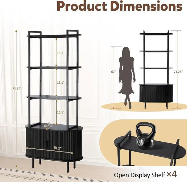Alt view image 2 of 7 - 71" Tall Fluted Bookshelf, 4 Tiers Wooden Display Book Shelf Case w/Storage Doors, Mid Century Modern Bookshelf for Bedroom Living Room, Freestanding Shelving Unit, Plant Stand Indoor (Black)