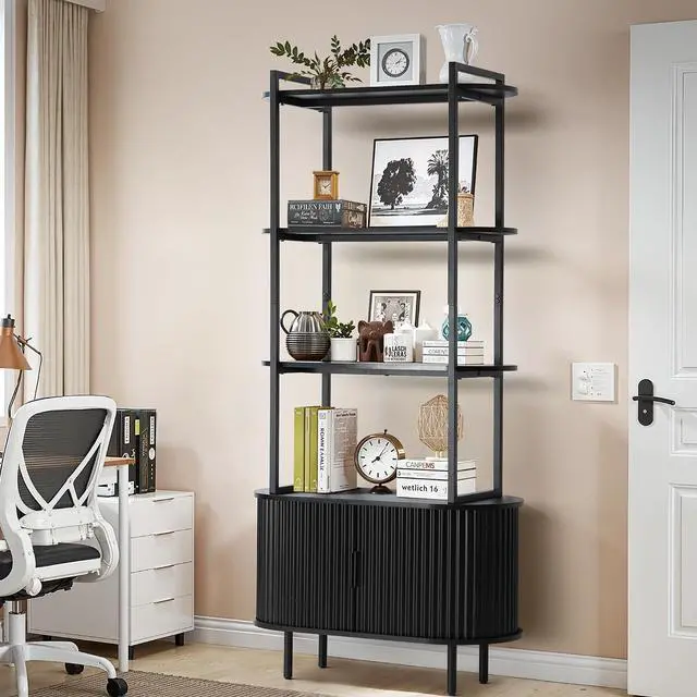 Main image of Bookshelf, 71" Tall Bookcase w/Storage Cabinet, Book Shelves Stand w/Fluted Sliding Doors, 4-Tier Open Display Shelf Organizer for Bedroom Living Room Home Office Bathroom (Black)