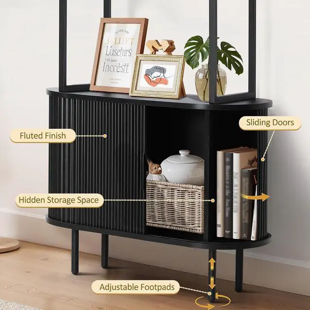 Alt view image 5 of 7 - 71" Tall Fluted Bookshelf, 4 Tiers Wooden Display Book Shelf Case w/Storage Doors, Mid Century Modern Bookshelf for Bedroom Living Room, Freestanding Shelving Unit, Plant Stand Indoor (Black)