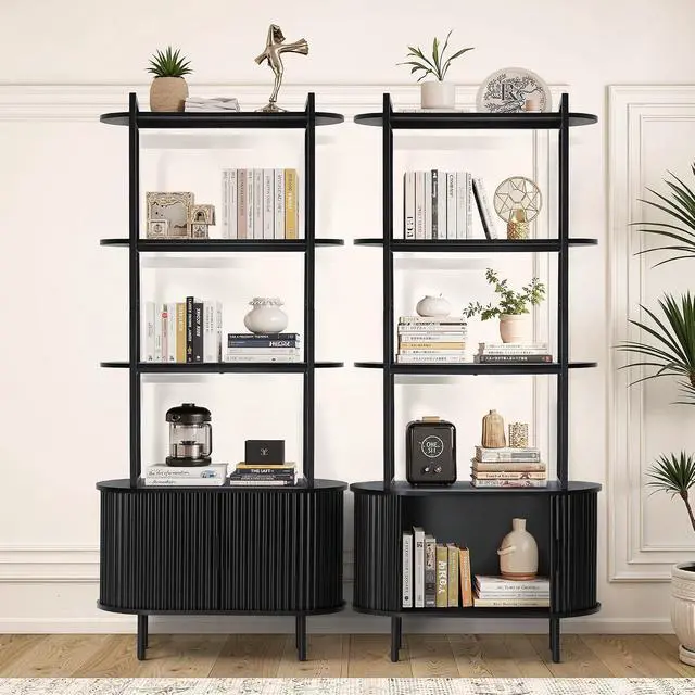 Alt view image 3 of 7 - 71" Tall Fluted Bookshelf, 4 Tiers Wooden Display Book Shelf Case w/Storage Doors, Mid Century Modern Bookshelf for Bedroom Living Room, Freestanding Shelving Unit, Plant Stand Indoor (Black)