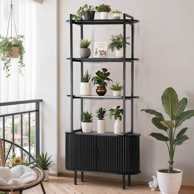 Alt view image 7 of 7 - 71" Tall Fluted Bookshelf, 4 Tiers Wooden Display Book Shelf Case w/Storage Doors, Mid Century Modern Bookshelf for Bedroom Living Room, Freestanding Shelving Unit, Plant Stand Indoor (Black)