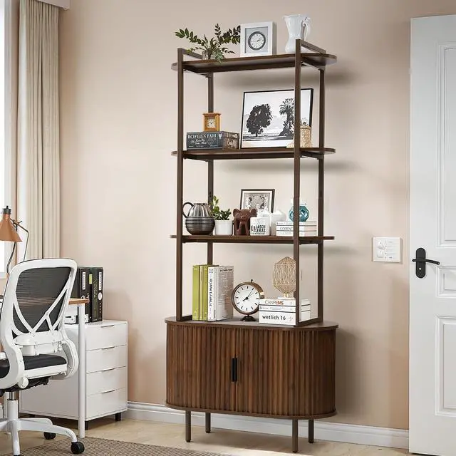 Main image of Bookshelf, 71" Tall Bookcase w/Storage Cabinet, Book Shelves Stand w/Fluted Sliding Doors, 4-Tier Open Display Shelf Organizer for Bedroom Living Room Home Office Bathroom (Brown)