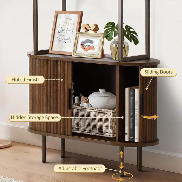 Alt view image 4 of 7 - Bookshelf, 71" Tall Bookcase w/Storage Cabinet, Book Shelves Stand w/Fluted Sliding Doors, 4-Tier Open Display Shelf Organizer for Bedroom Living Room Home Office Bathroom (Brown)